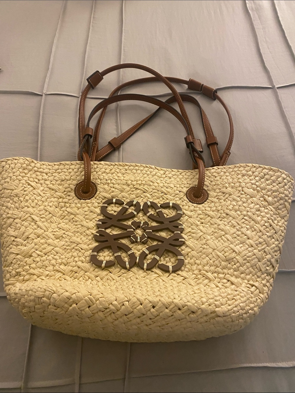 Woven Cream Straw Tote with Brown Leather Details